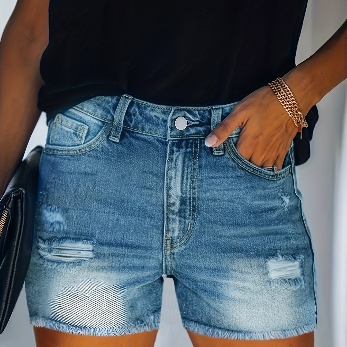 ZllKl  Blue Frayed Hem Denim Shorts, Ripped Holes Slash Pockets Short Denim Pants, Women's Denim Jeans & Clothing