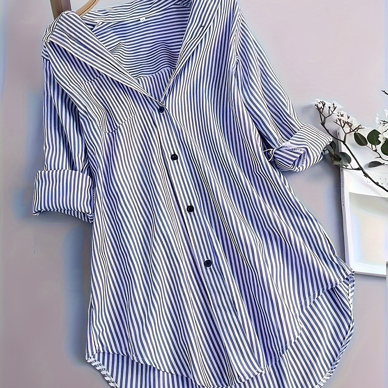 ZllKl Stripe Print Polo Collar Button Shirt, Casual Long Sleeve Shirt For Spring & Fall, Women's Clothing