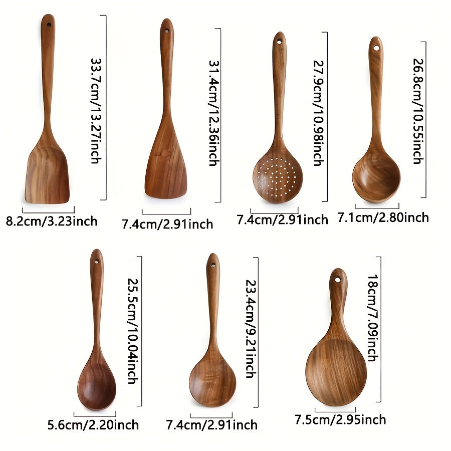 7pcs Natural Teak Wooden Spoons for Cooking - Non-Stick Spatula Set with Comfortable Grip - Perfect for Back to School Supplies