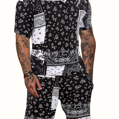 Fashionable Mens Paisley Print Short Sleeve Shirt & Shorts Set - Comfortable Resort-Ready Loungewear for Stylish Getaways - Two-Piece Ensemble