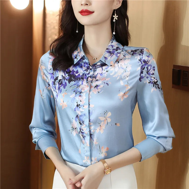 Luxury Designer Print Classic Satin Shirt Plus Size Women Fashion Long Sleeve Button Front Shirts  Spring Autumn Ladies Runway Lapel Blouse Elegant Silk Tops