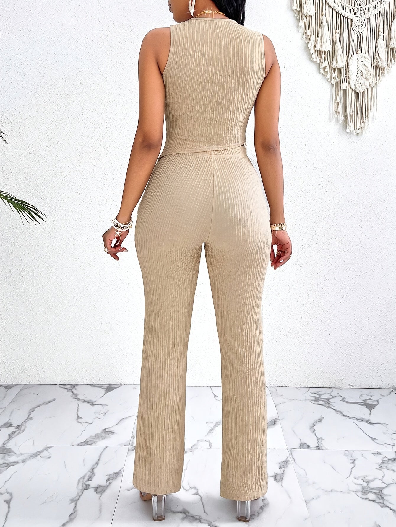 Chic Textured Pantsuit Ensemble - Tassel-Trimmed Asymmetrical Tank Top & Straight Leg Pants - Fashion-Forward Womens Clothing Set