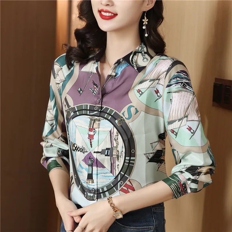 Women Fashion Print Pink Blouses Long Sleeve Vintage Ribbon Bow Shirt Ladies Classic Lapel Button Shirts Spring Autumn Woman Clothes Designer Blouse Cute Tops