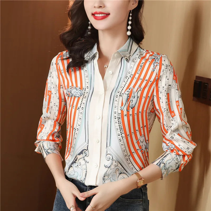 Luxury Designer Print Classic Satin Shirt Plus Size Women Fashion Long Sleeve Button Front Shirts  Spring Autumn Ladies Runway Lapel Blouse Elegant Silk Tops