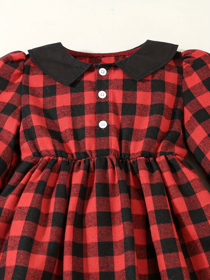 Youngsters's Brother and Sister Set, 1pc Not 2pcs, Please Purchase Boy or Girl Clothes Separately, Single Piece Girl Cute Doll Collar Red Plaid Waistline Long Sleeve Dress, 1 Set Boys Gentleman Suit Plaid Long Sleeve Shirt with Bow Tie + Casual Back Strap