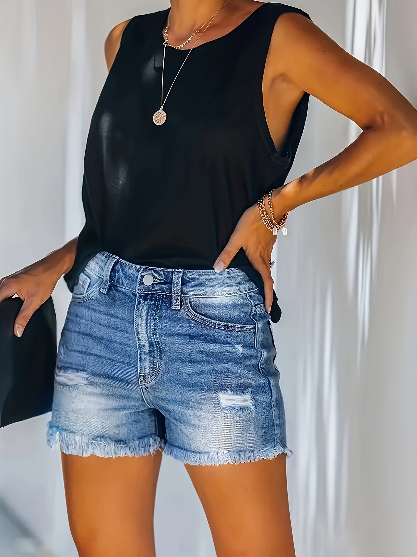 ZllKl  Raw Hem Washed Denim Shorts, Ripped Holes Slash Pockets Short Denim Pants, Women's Denim Jeans & Clothing