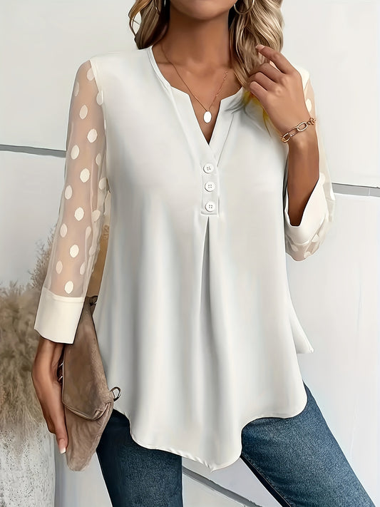 ZllKl Solid Button Front Blouse, Elegant Long Sleeve Notched Neck Top, Women's Clothing