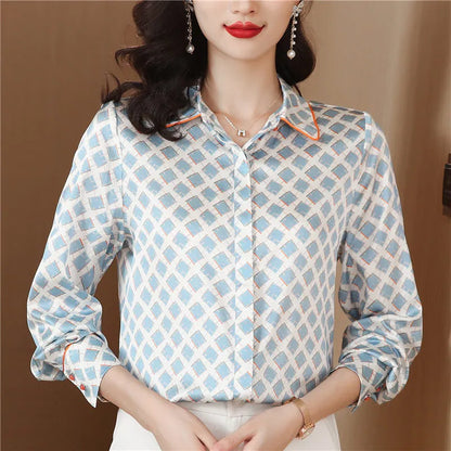 Women Fashion Print Pink Blouses Long Sleeve Vintage Ribbon Bow Shirt Ladies Classic Lapel Button Shirts Spring Autumn Woman Clothes Designer Blouse Cute Tops