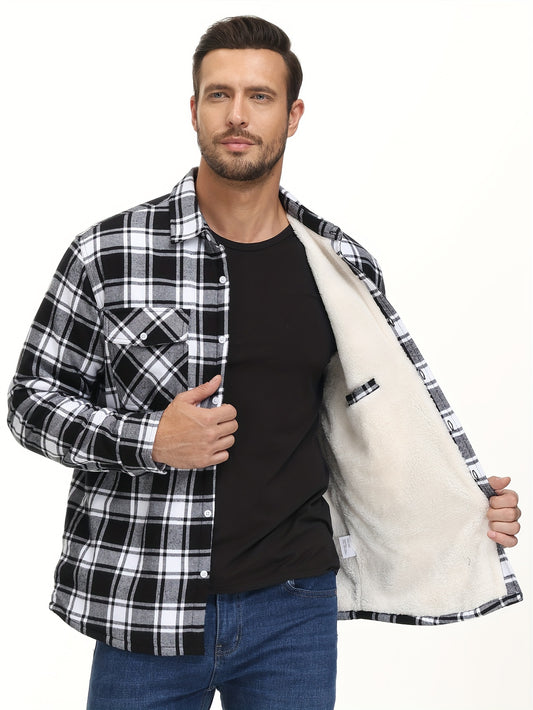 Big And Tall Men's Flannel Shirt Jacket Winter Turn-Down Collar Long Sleeve Fleece Lined Warm Classic Plaid Design 5 Pocket Shirt Jacket Button Front Adjustable Cuffs Soft Comfortable For Hiking Camping Fishing Dating Work Fleece Shirt Jacket