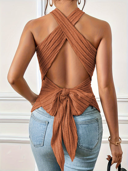 ZllKl Crisscross Tie Backless Halter Top, Sexy Solid Color Ribbed Sleeveless Top For Spring & Summer, Women's Clothing