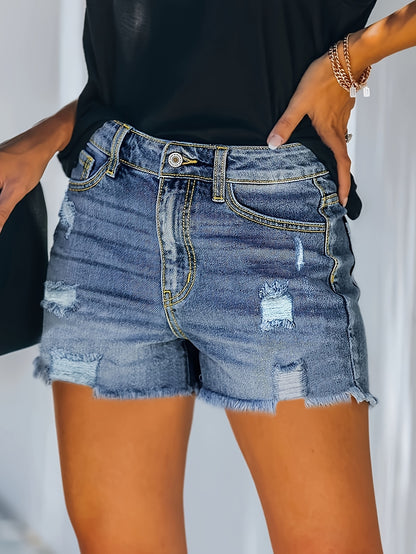 ZllKl  Ripped Raw Hem Whiskering Denim Shorts, Stretchy Distressed Slash Pocket Denim Shorts, Women's Denim Jeans & Clothing