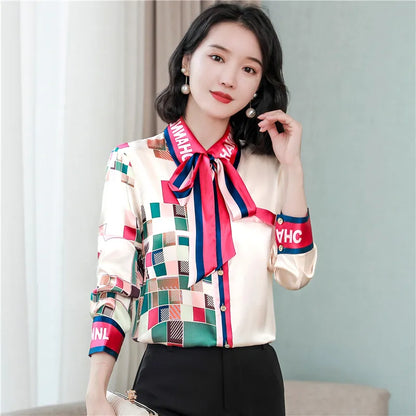 Women Fashion Print Pink Blouses Long Sleeve Vintage Ribbon Bow Shirt Ladies Classic Lapel Button Shirts Spring Autumn Woman Clothes Designer Blouse Cute Tops