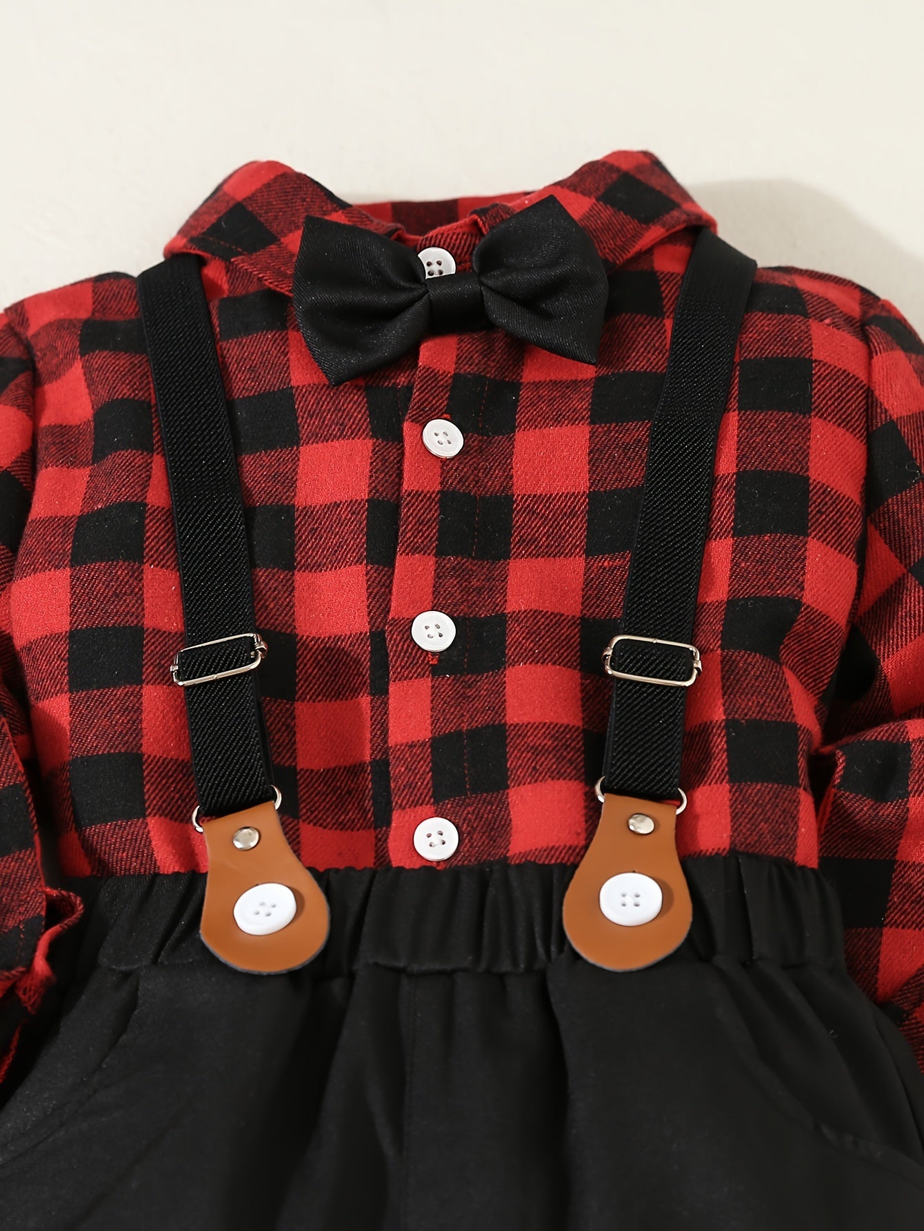 Youngsters's Brother and Sister Set, 1pc Not 2pcs, Please Purchase Boy or Girl Clothes Separately, Single Piece Girl Cute Doll Collar Red Plaid Waistline Long Sleeve Dress, 1 Set Boys Gentleman Suit Plaid Long Sleeve Shirt with Bow Tie + Casual Back Strap