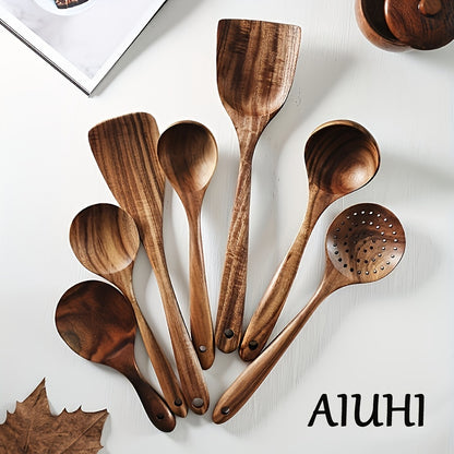 7pcs Natural Teak Wooden Spoons for Cooking - Non-Stick Spatula Set with Comfortable Grip - Perfect for Back to School Supplies