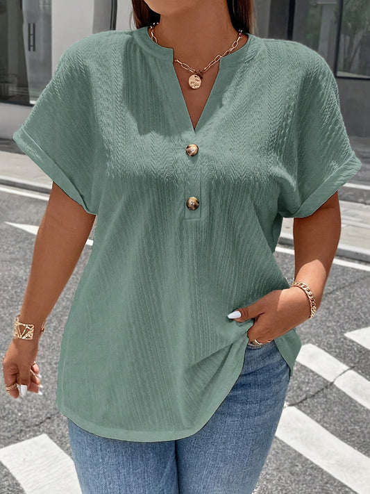 ZllKl Plus Size Simple Solid Blouse, Casual V Neck Short Sleeve Blouse For Spring & Summer, Women's Plus Size Clothing