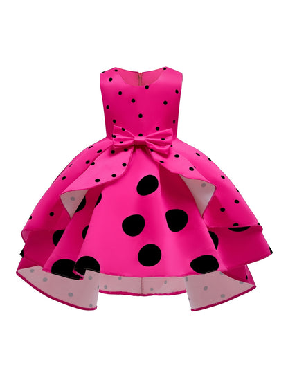 Elegant Polka Dot Sleeveless Party Dress for Girls - All Season, Ruffled, Bow & Belt Details, Knee-High