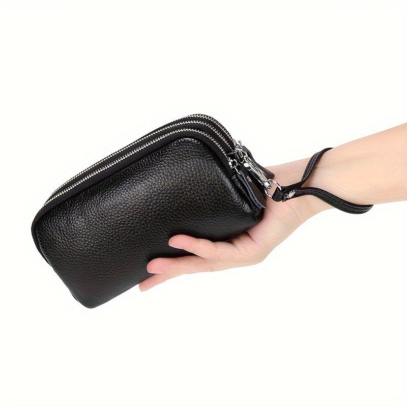 Genuine Leather Long Wallet For Women (17.48cm X 9.98cm X 3.99cm), Wristlet Zipper Coin Purse, Three Layers Mobile Phone Bag