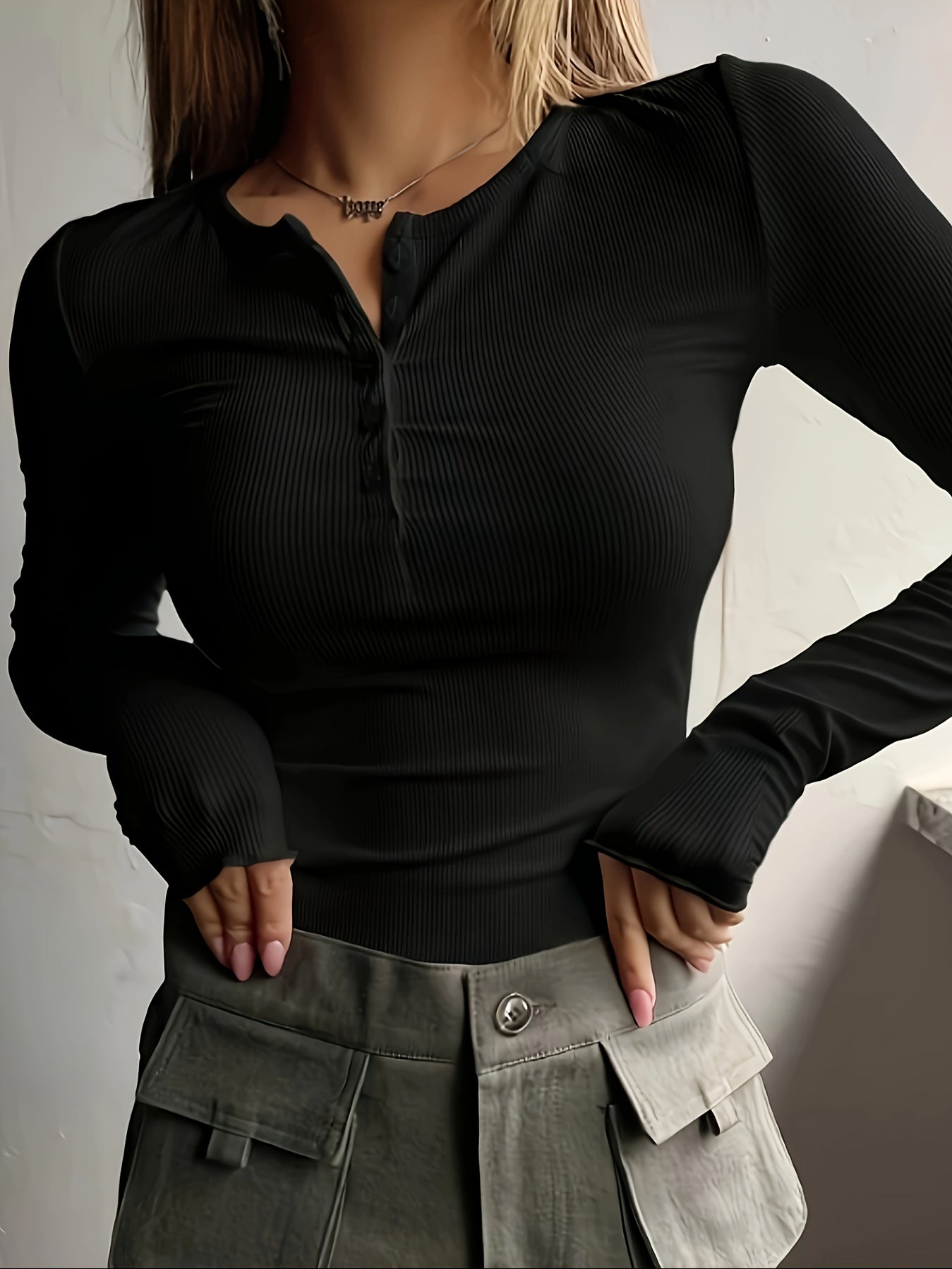 Chic Ribbed Keyhole Neckline Top – Women's Long Sleeve Knit T-Shirt, Perfect for Spring/Fall, Easy-Care & Comfy