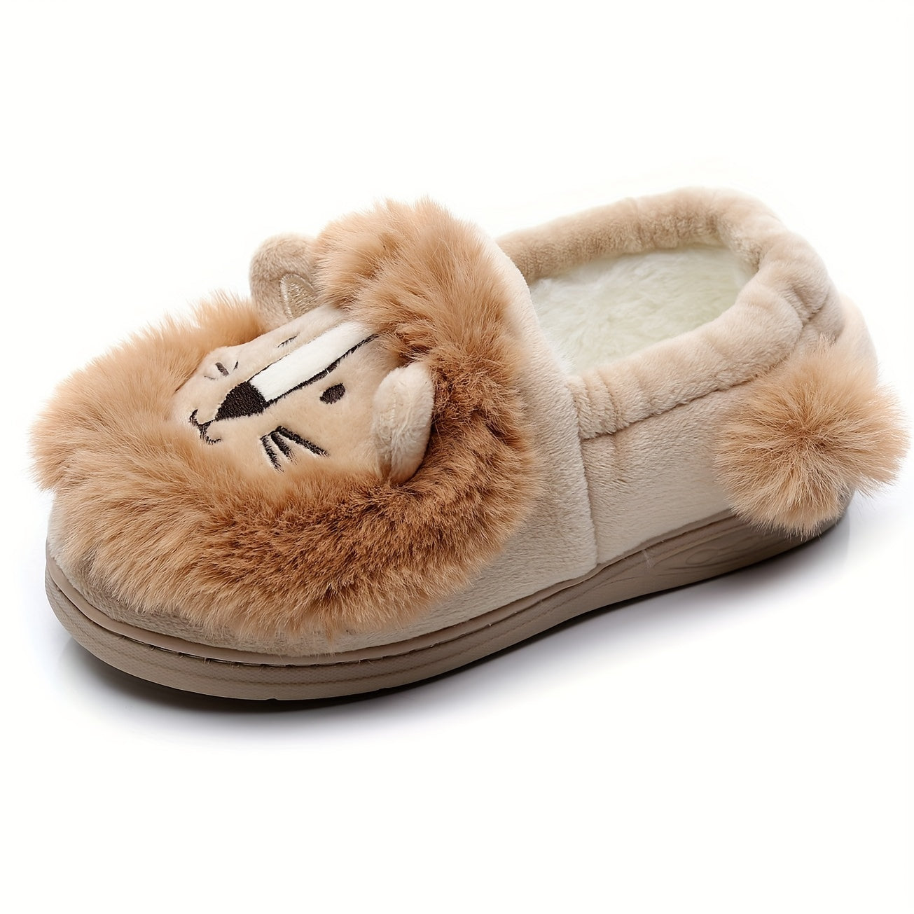 Cute Cartoon Lion Design Slip On Home Shoes For Boys Girls, Warm Plus Fleece Indoor Shoes For Autumn And Winter