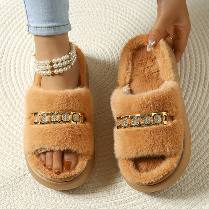 Women's Faux Fur Slides With Rhinestone Accent, Thick Sole Fluffy Slippers For Indoor/Outdoor Use, Soft Plush Open Toe House Shoes