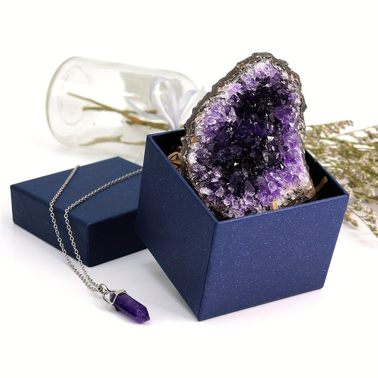 1pc Natural Amethyst Cluster & Pendant Necklace Set, 0.2 Lb/90.72 G Raw Amethyst Geode, For, Jewelry Making, Unique Gift For Men & Women, With Elegant Box