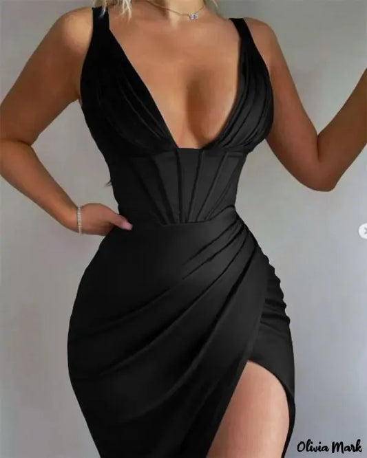 - Ruched Satin High Slit Corset Evening Dress