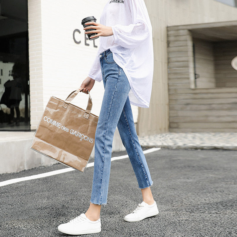 2024 New Cropped Ladies Denim Pants Korean Style Slimming Spring and Autumn Casual Women's Denim Straight-Leg Pants Wholesale