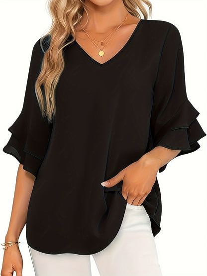 Plus Size Elegant V-Neck Ruffle Trim Shirting Blouse - Soft Polyester Non-Stretch Fabric, Casual Half Sleeve Design for Spring & Summer, Hand Wash Only, Womens Plus Size Clothing for Middle East Collection