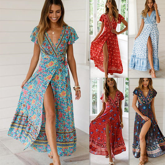 ZllKl  Cross-Border New  Summer Casual Hot Sale Holiday Floral Print Dress Sexy Dress Women's Clothing