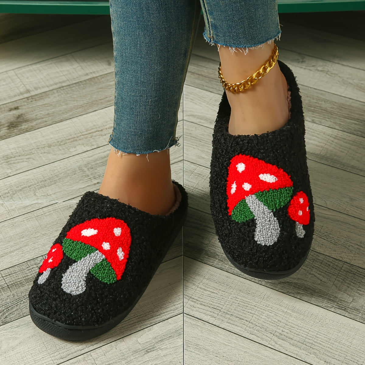 Winter Plush Slippers With Ghost & Mushroom Design, Halloween Themed Soft Sole Fuzzy Shoes, Cozy & Warm Indoor Slippers