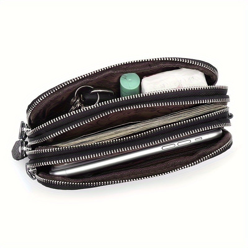 Genuine Leather Long Wallet For Women (17.48cm X 9.98cm X 3.99cm), Wristlet Zipper Coin Purse, Three Layers Mobile Phone Bag