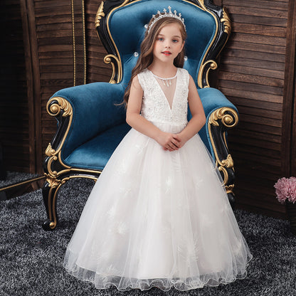 ZllKl  Children's Dress Princess Dress Super Fairy White Long Style Flower Girl Wedding Dress Girl Mesh Bubble Skirt  Hot