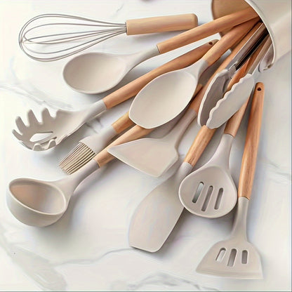 12pcs, Silicone Utensil Set, Khaki Kitchen Utensil Set With Wooden Handle, Safety Cooking Utensils Set, Non-Stick Kitchen Tools Set, Washable Modern Cookware, Kitchen Stuff, Kitchen Gadgets