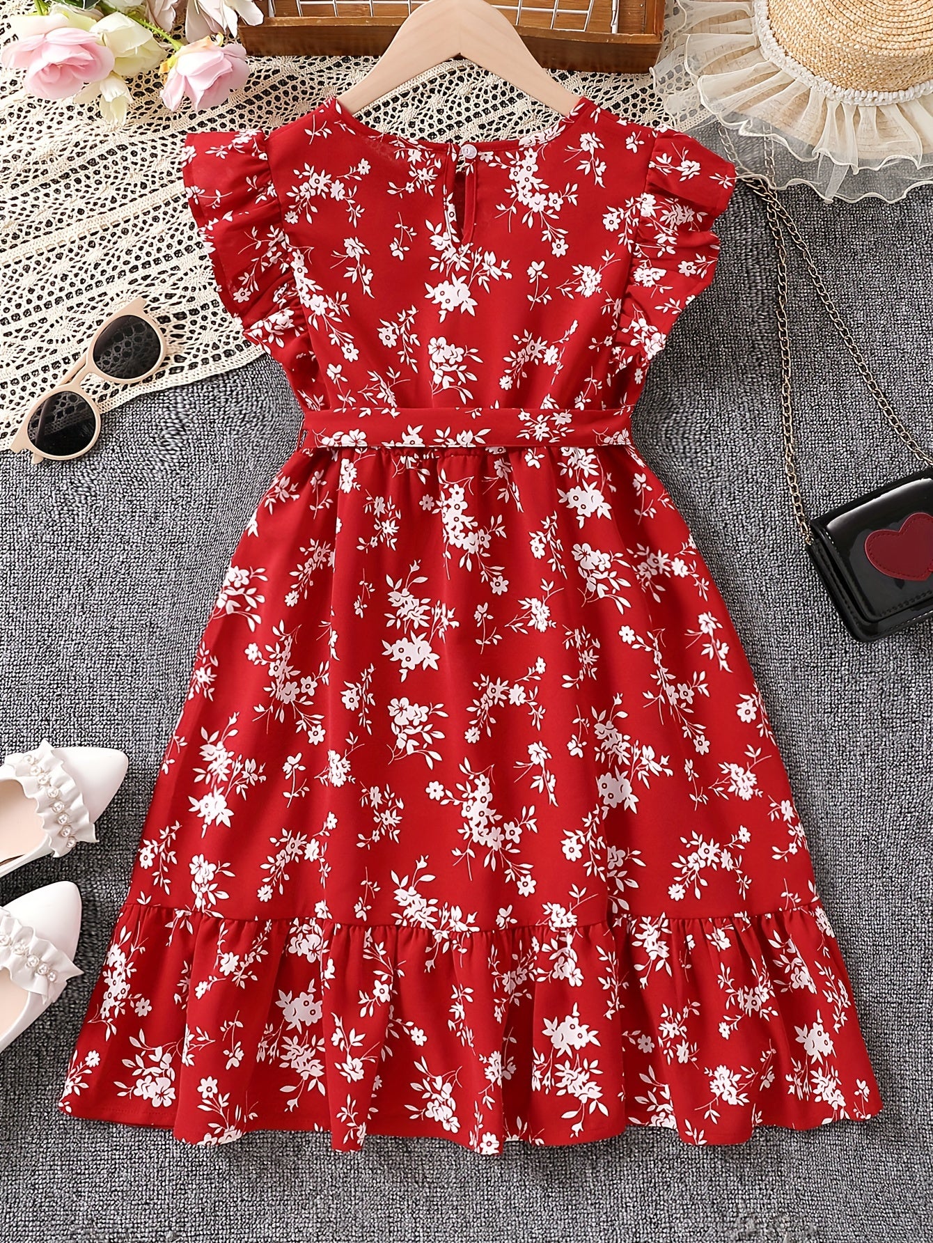 Stunning Vintage-Style Sleeveless Dress for Girls with Flower Print and Flutter Trim, Perfect for Summer and Christmas Party Gift