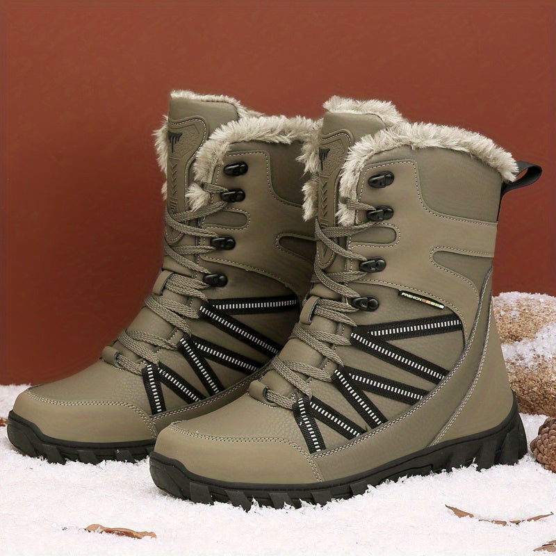 Men's Mid Calf Snow Boots, Winter Thermal Shoes, Windproof Hiking Boots With Fuzzy Lining