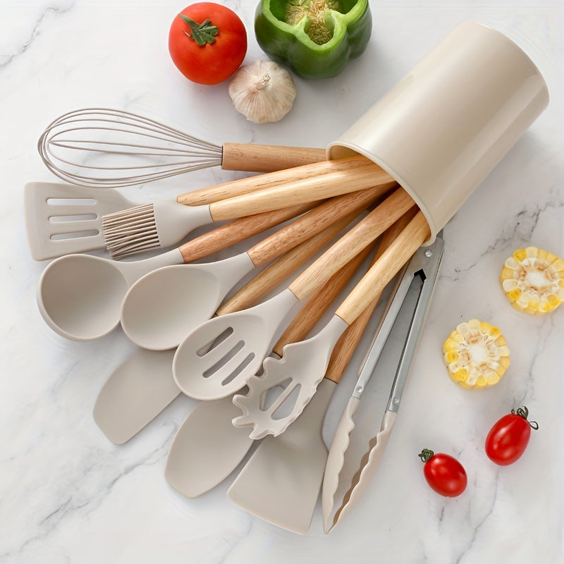 12pcs, Silicone Utensil Set, Khaki Kitchen Utensil Set With Wooden Handle, Safety Cooking Utensils Set, Non-Stick Kitchen Tools Set, Washable Modern Cookware, Kitchen Stuff, Kitchen Gadgets