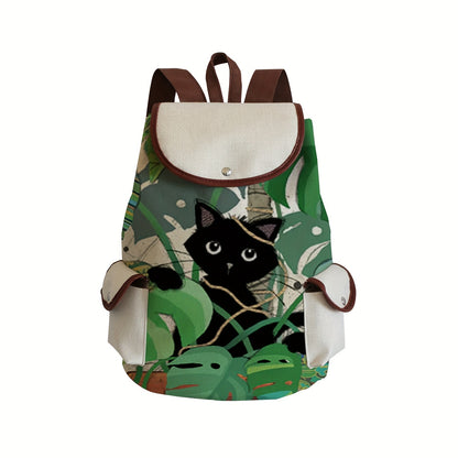 Cute Cartoon Black Cat Polyester Daypack Backpack with Drawstring Closure - Spacious Utility Pocket, Soft Shell, Water-Resistant, Perfect for Casual Leisure Travel, Daily Use, and as a Party Gift