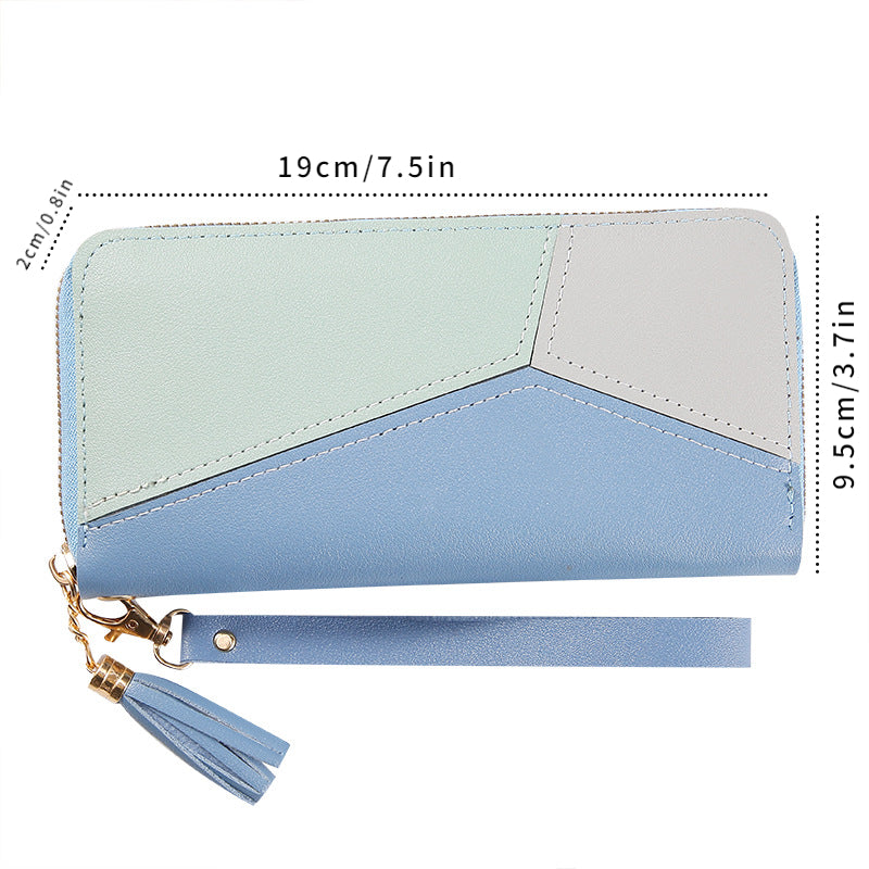 Contrast Color Long Wallet, PU Leather Textured Portable Clutch Bag, Fashion Zipper Women's Purse