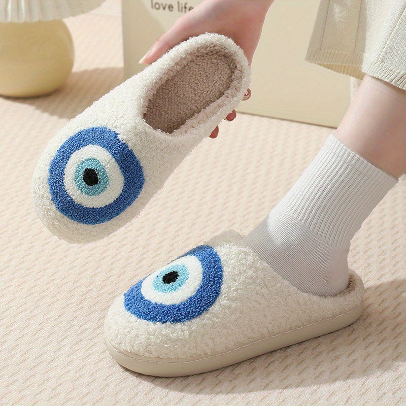 Cute Cartoon Eye Plush Slippers, Comfortable Soft Warm Indoor House Shoes, Non-slip Cozy Lined Mute Shoes