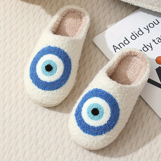 Cute Cartoon Eye Plush Slippers, Comfortable Soft Warm Indoor House Shoes, Non-slip Cozy Lined Mute Shoes