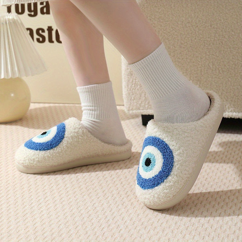 Cute Cartoon Eye Plush Slippers, Comfortable Soft Warm Indoor House Shoes, Non-slip Cozy Lined Mute Shoes