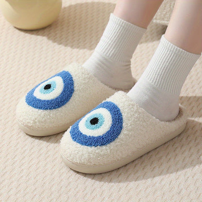 Cute Cartoon Eye Plush Slippers, Comfortable Soft Warm Indoor House Shoes, Non-slip Cozy Lined Mute Shoes