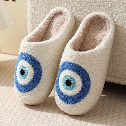 Cute Cartoon Eye Plush Slippers, Comfortable Soft Warm Indoor House Shoes, Non-slip Cozy Lined Mute Shoes