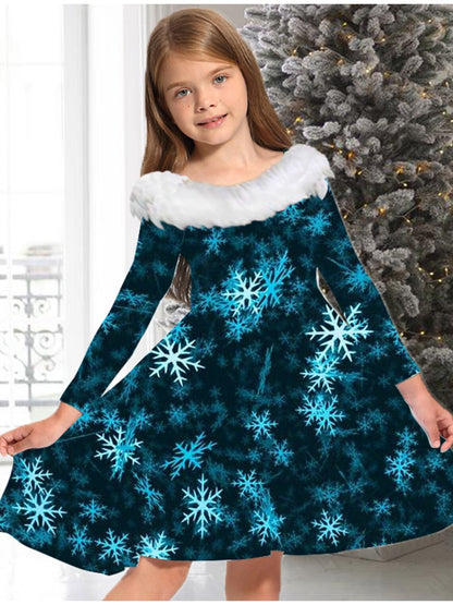 Long Sleeve Elegant Girls Plush Collar Snowflake & Fire Work Graphic Dress for Christmas Gift