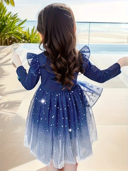 Starry Night Design Long Sleeve Sequin Flutter Trim Party Dress - Casual, Trendy, Elegant, and Sparkling for Christmas Gift and Celebration