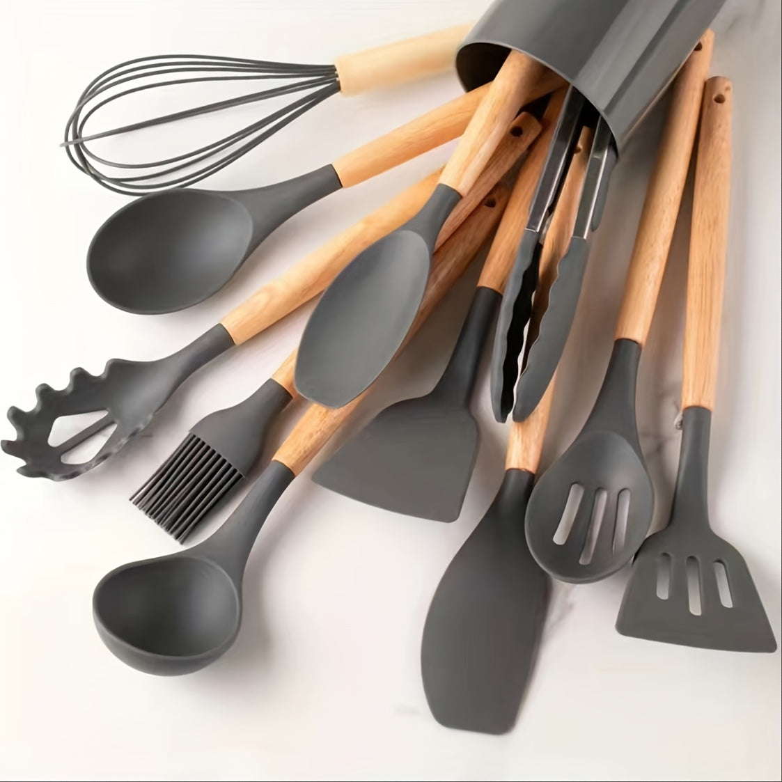 12pcs, Silicone Utensil Set, Khaki Kitchen Utensil Set With Wooden Handle, Safety Cooking Utensils Set, Non-Stick Kitchen Tools Set, Washable Modern Cookware, Kitchen Stuff, Kitchen Gadgets