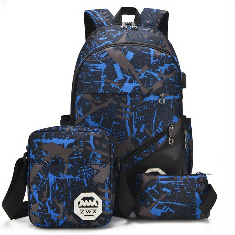 Chic, Large-Capacity Waterproof Backpack Combo: Includes Pencil Case & Crossbody Bag for School, Travel & Daily Commute