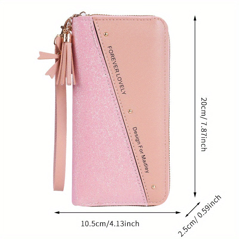 Colorblock Patchwork Long Wallet, Glitter Sequins Clutch Bag, Women Wristlet Coin Purse Mobile Phone Bag With Multi Card Slots