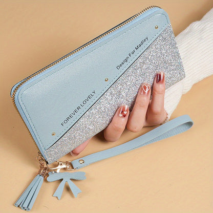 Colorblock Patchwork Long Wallet, Glitter Sequins Clutch Bag, Women Wristlet Coin Purse Mobile Phone Bag With Multi Card Slots