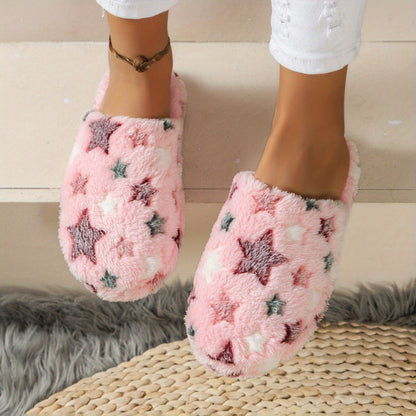 Star Pattern Slippers, Casual Slip On Plush Lined Shoes, Comfortable Indoor Home Slippers